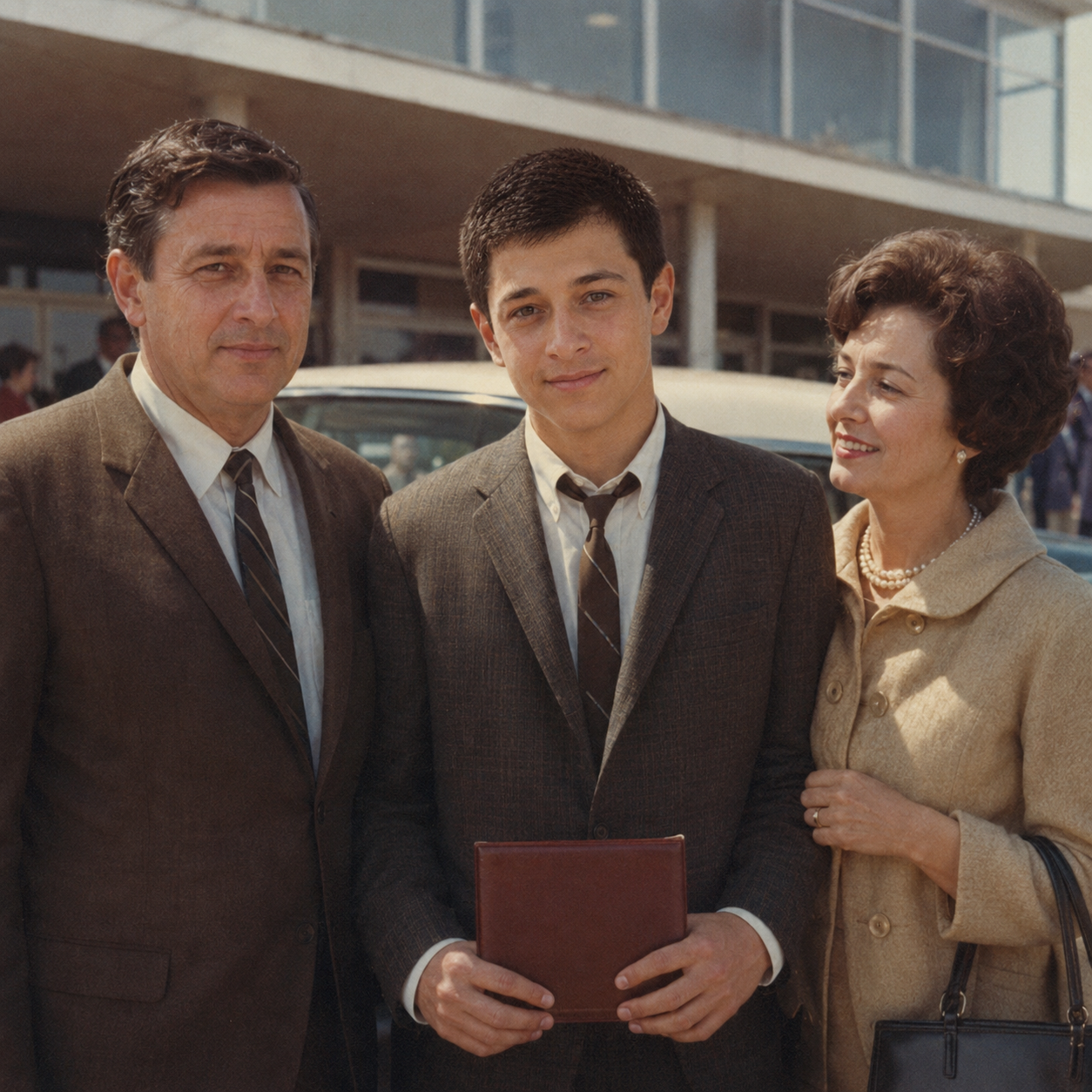 James as a young graduate standing with his parents