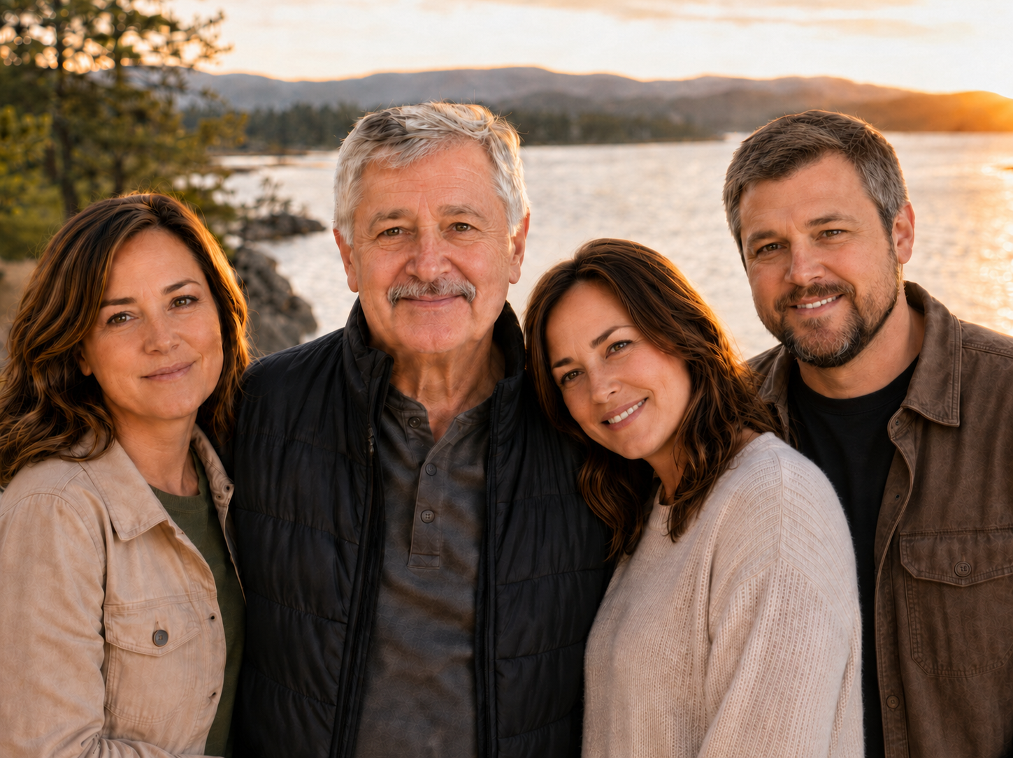 James with his children by the lake at sunset