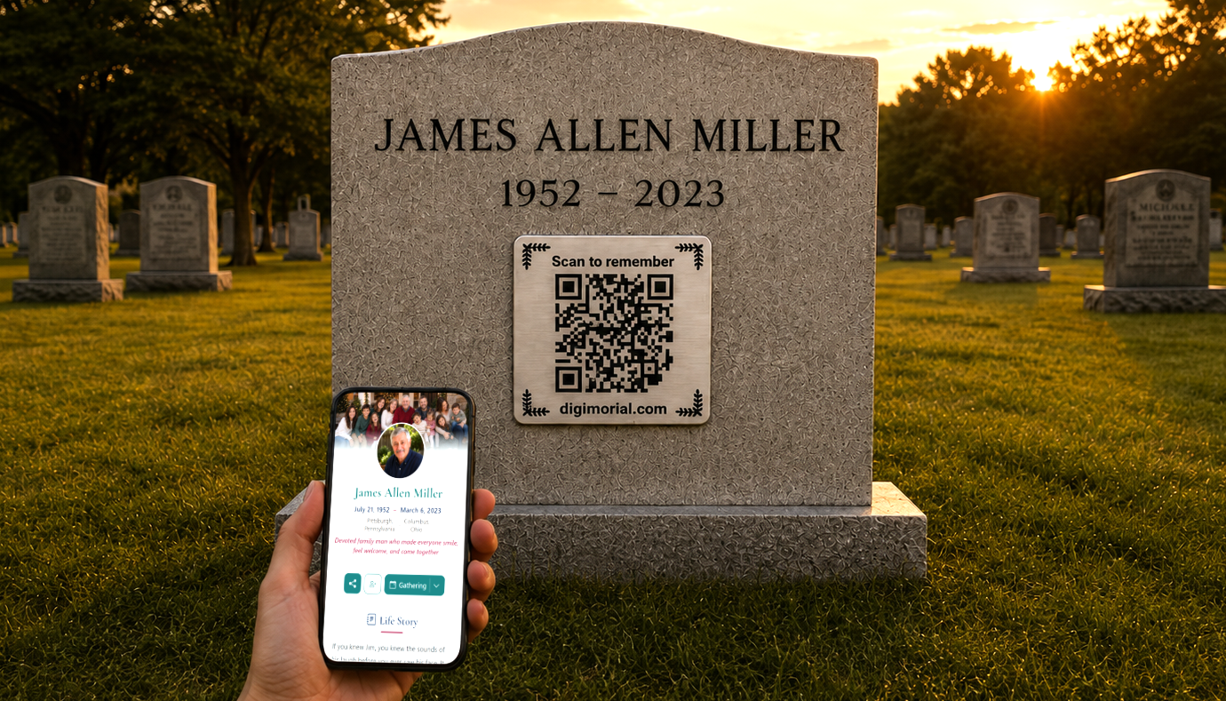 Digimorial QR code memorial plaque on a headstone beside a phone displaying an online memorial at sunset