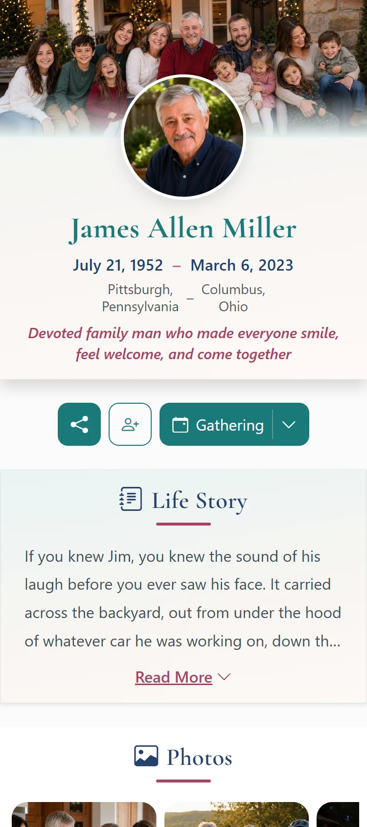 James’s Digimorial example memorial page displayed on a smartphone