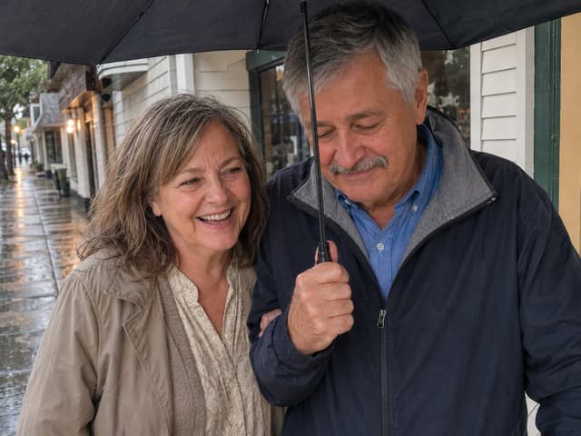 James and his wife smiling together under an umbrella