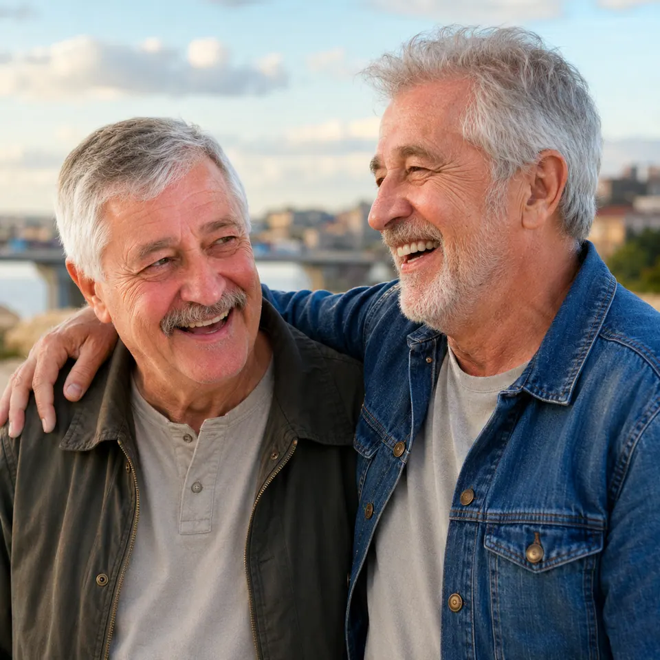James laughing with his brother on a trip
