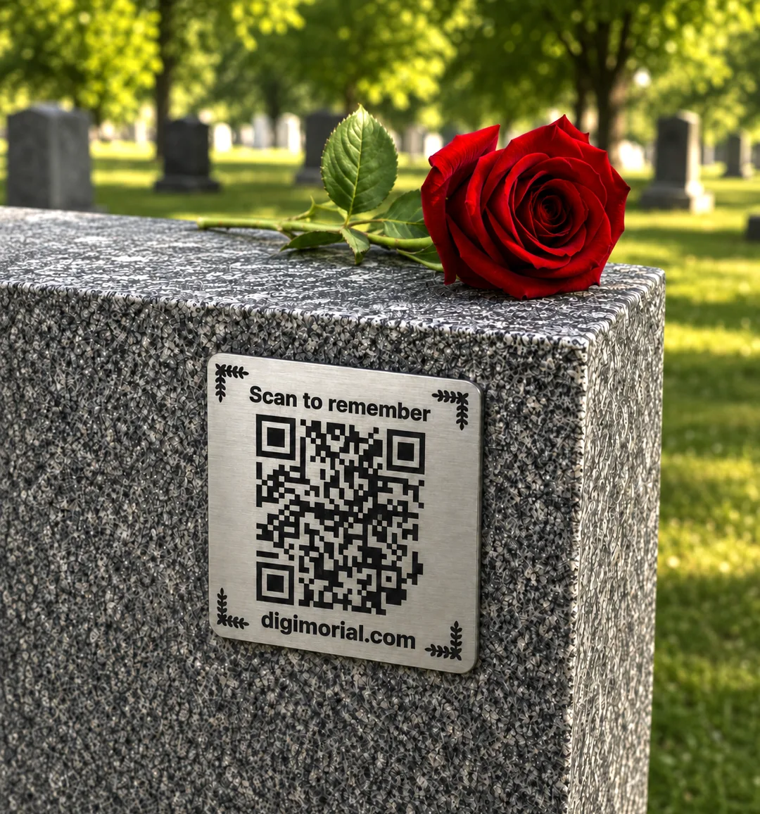 Digimorial QR memorial plaque on a headstone with a red rose