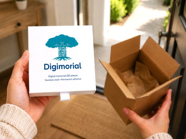 Opening a delivered Digimorial QR memorial plaque package at home