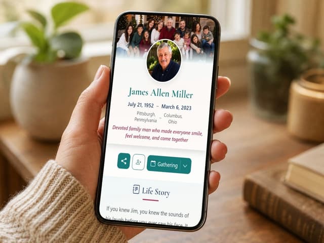 Hand holding a phone displaying a Digimorial memorial page
