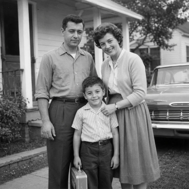 James as a child with his parents outside their home