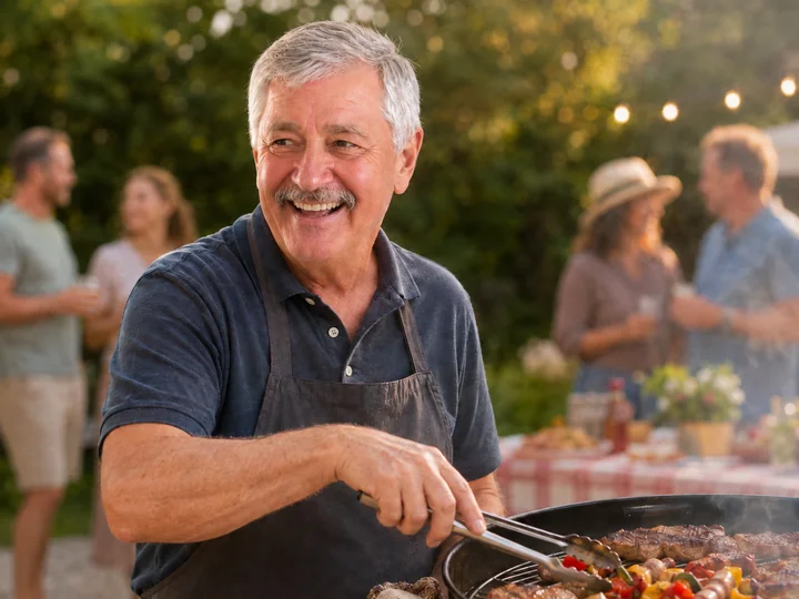 James smiling while cooking at a family barbecue