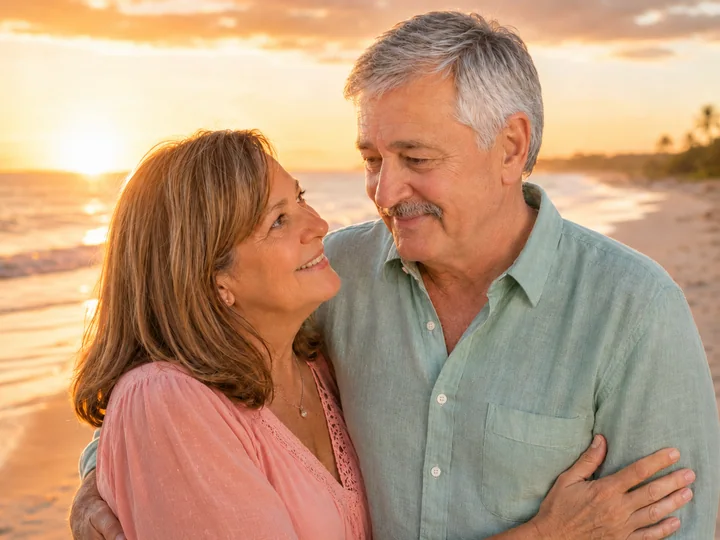 James embracing his wife on the beach at sunset