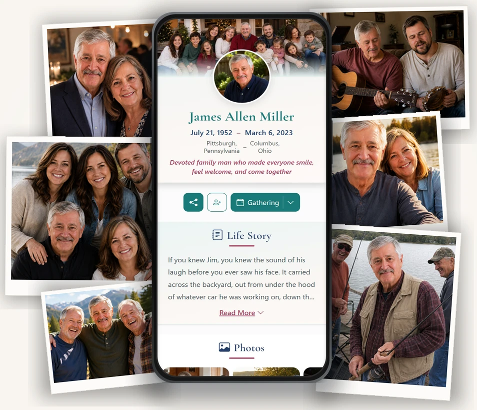 James’s personalized online memorial surrounded by family memories