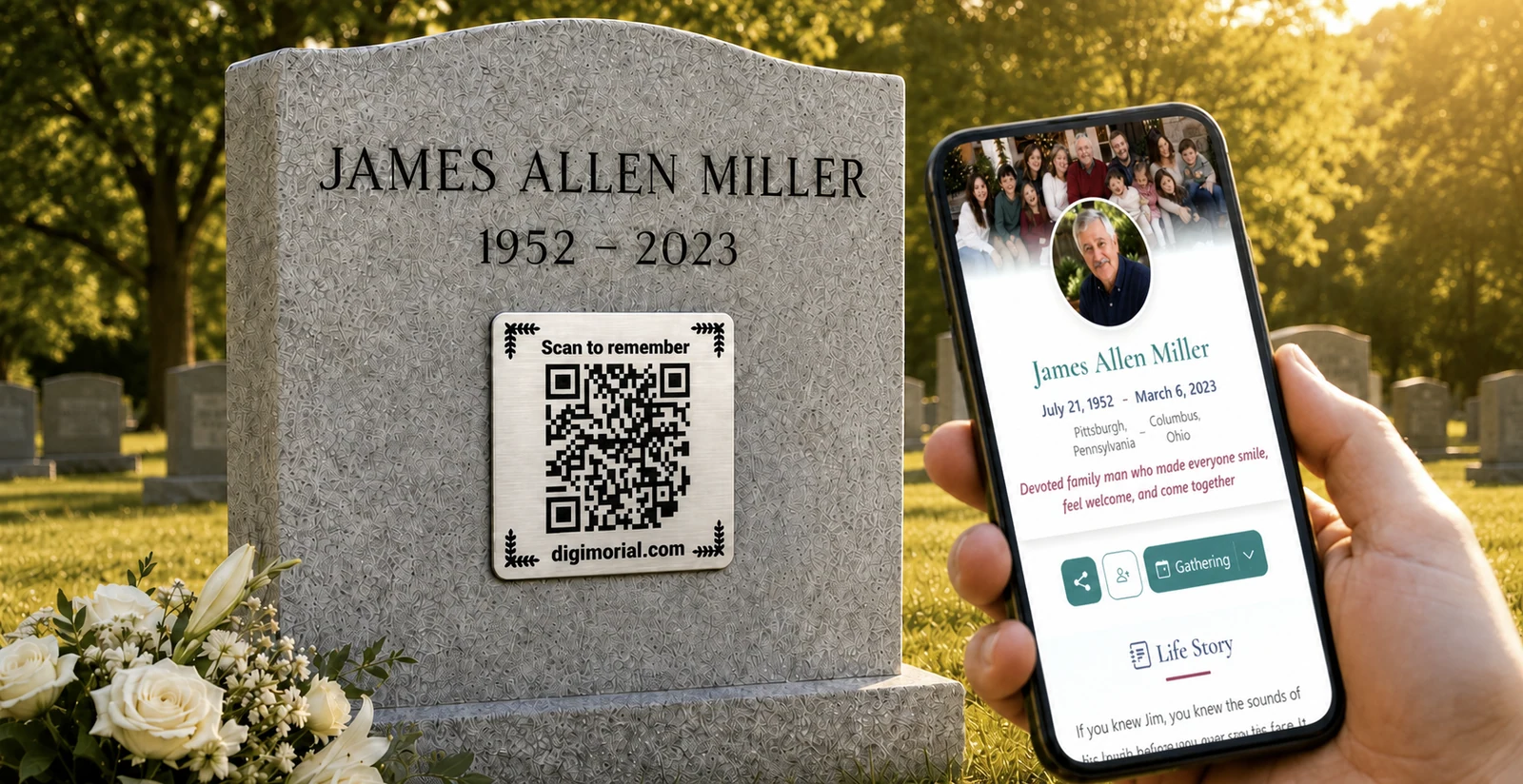 Digimorial QR code plaque on James Miller’s headstone beside a phone displaying his online memorial