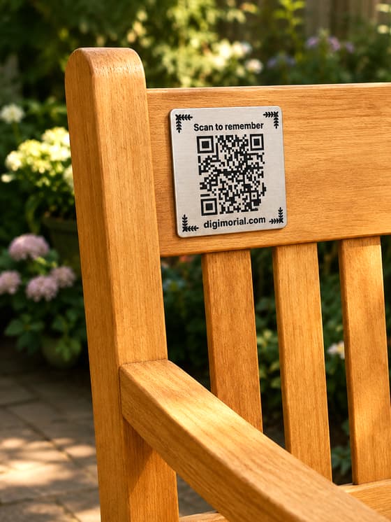 Digimorial QR memorial plaque attached to a memorial bench