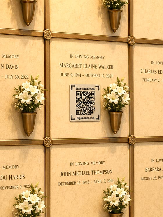 Digimorial QR memorial plaque attached to a columbarium