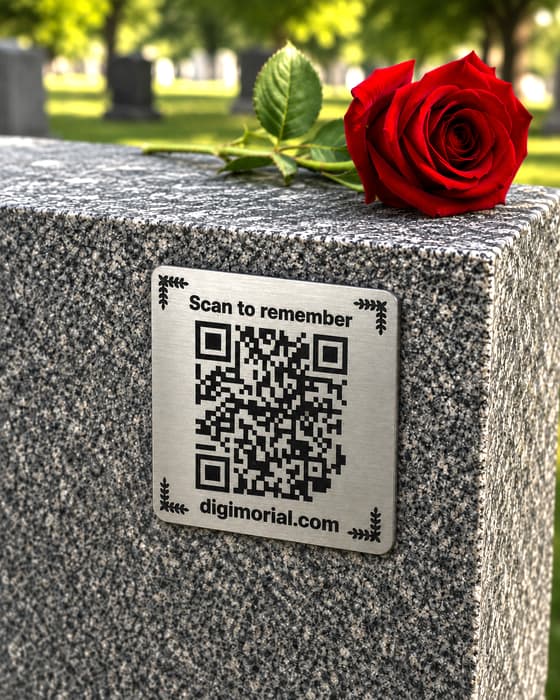 Digimorial QR memorial plaque attached to a headstone