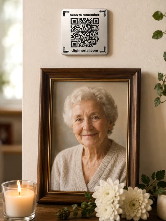 Digimorial QR memorial plaque displayed in a home memorial corner beside a framed portrait