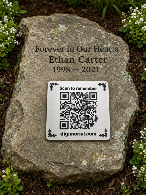 Digimorial QR memorial plaque attached to a garden memorial stone
