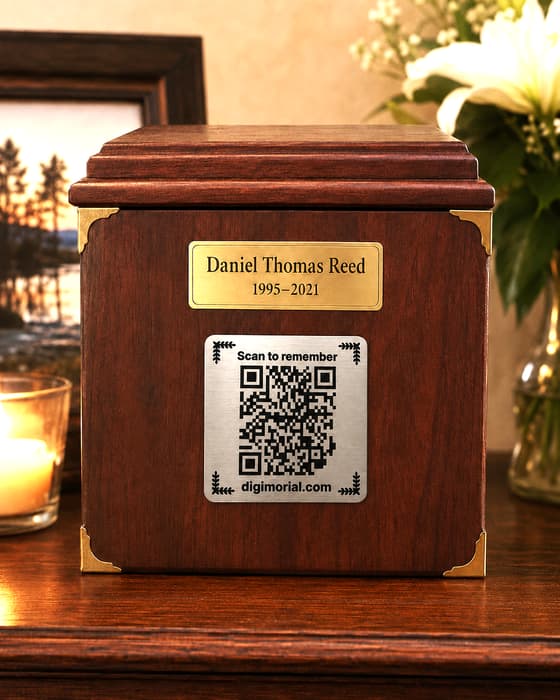 Digimorial QR memorial plaque attached to a wooden urn